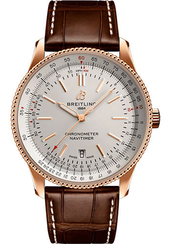 Breitling Navitimer Automatic 41 Watch - 18K Red Gold - Silver Dial - Brown Alligator Leather Strap - Tang Buckle