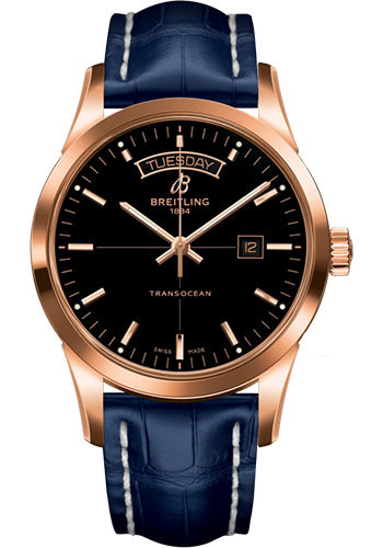 Breitling Transocean Day & Date Watch - 18k Red Gold - Black Dial - Blue Croco Strap - Tang Buckle
