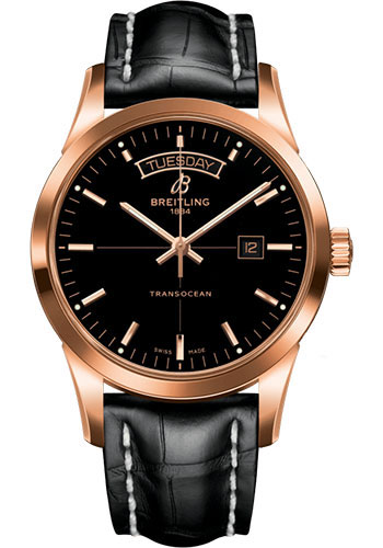 Breitling Transocean Day & Date Watch - 18k Red Gold - Black Dial - Black Croco Strap - Tang Buckle