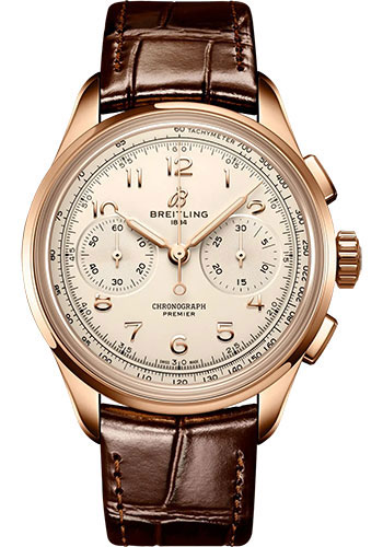 Breitling Premier B09 Chronograph 40 Watch - 18K Red Gold - Silver Dial - Brown Alligator Leather Strap - Folding Buckle