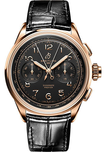 Breitling Premier B15 Duograph 42 Watch - 18K Red Gold - Black Dial - Black Alligator Leather Strap - Folding Buckle
