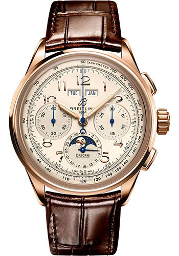 Breitling Premier B25 Datora 42 Watch - 18K Red Gold - Silver Dial - Brown Alligator Leather Strap - Folding Buckle