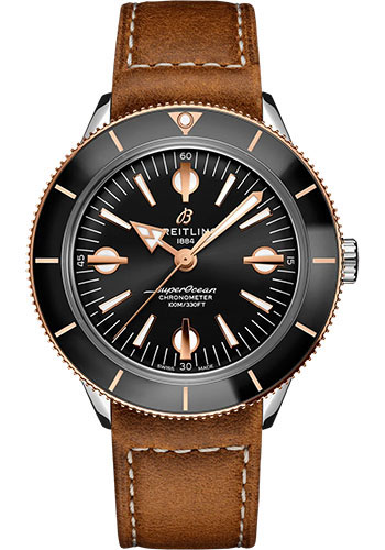Breitling Superocean Heritage '57 Watch - Steel and 18K Red Gold - Black Dial - Brown Calfskin Leather Strap - Tang Buckle