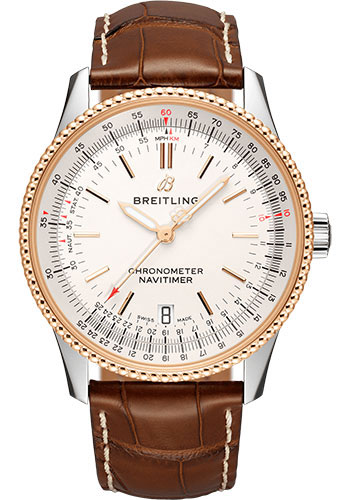 Breitling Navitimer Automatic 38 Watch - Steel & Red Gold - Silver Dial - Gold Croco Strap - Folding Buckle