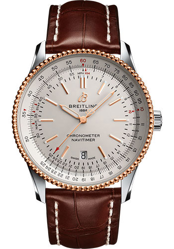 Breitling Navitimer Automatic 41 Watch - Steel & Red Gold - Silver Dial - Brown Croco Strap - Tang Buckle