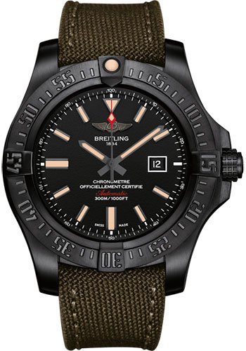 Breitling Avenger Blackbird Watch - Black Titanium - Volcano Black Dial - Khaki Green Military Strap - Tang Buckle