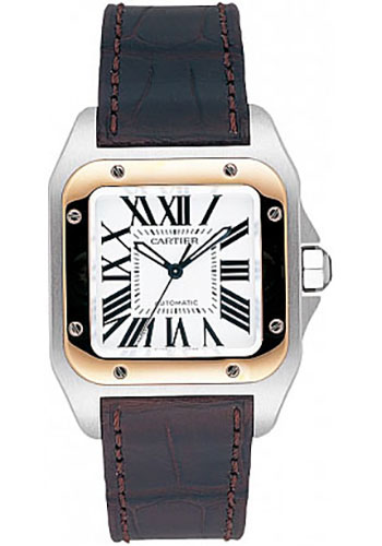 Cartier Santos 100 Watch - Medium Steel and Gold Case - Alligator Strap