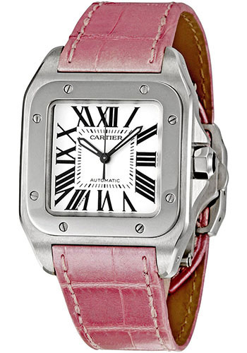 Cartier Santos 100 Watch - Medium Steel Case - Pink Alligator Strap