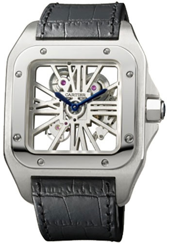 Cartier Santos 100 Skeleton Limited Edition Watch - Extra large Palladium Case - Alligator Strap
