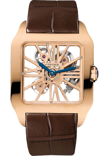 Cartier Santos-Dumont Skeleton Watch - 38.7 x 47.4 mm Pink Gold Case - Silver Dial - Brown Alligator Strap