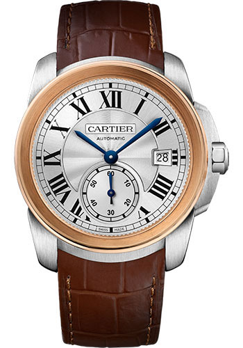Cartier Calibre de Cartier Watch - 38 mm Steel Case - Pink Gold Bezel - Silvered Dial - Dark Brown Alligator Strap