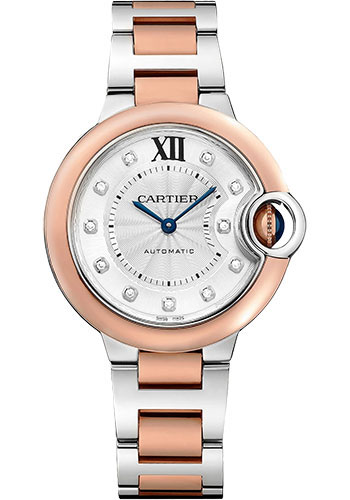Cartier Ballon Bleu de Cartier Watch - 33 mm Steel and Rose Gold Case - Silvered Diamond Dial - Interchangeable Two-Tone Bracelet