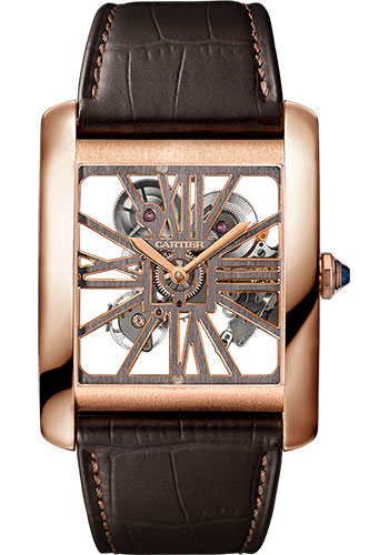 Cartier Tank MC Watch - 34.5 mm Pink Gold Case - Pink Gold Case Bezel - Skeleton Dial - Brown Alligator Strap