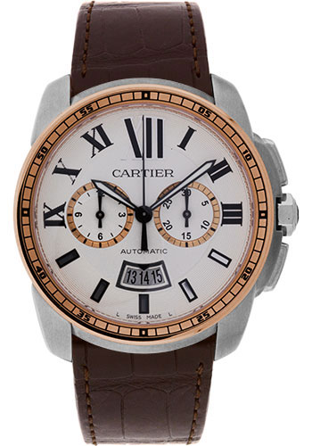 Cartier Calibre de Cartier Chronograph Watch - 42 mm Steel And Pink Gold Case - Silver Dial - Brown Alligator Strap