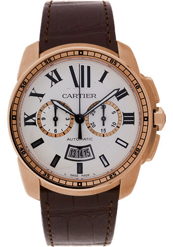 Cartier Calibre de Cartier Chronograph Watch - 42 mm Pink Gold Case - Silver Dial - Brown Alligator Strap