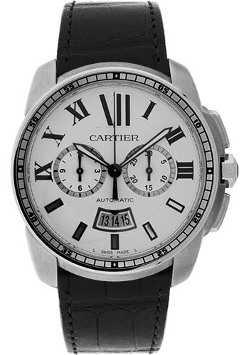 Cartier Calibre de Cartier Chronograph Watch - 42 mm Steel Case - Silver Dial - Black Alligator Strap