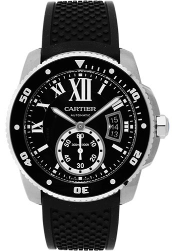 Cartier Calibre de Cartier Diver Watch - 42 mm Steel Case - Black Dial - Black Rubber Strap