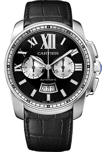 Cartier Calibre de Cartier Chronograph Watch - 42 mm Steel Case - Black Dial - Black Alligator Strap