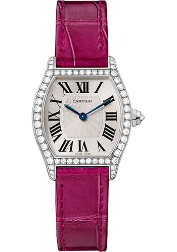 Cartier Tortue Watch - 30 mm White Gold Diamond Case - Fuchsia-Pink Alligator Strap