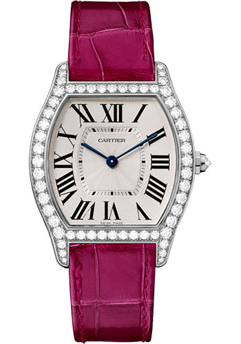 Cartier Tortue Watch - 39 mm White Gold Diamond Case - Fuchsia-Pink Alligator Strap