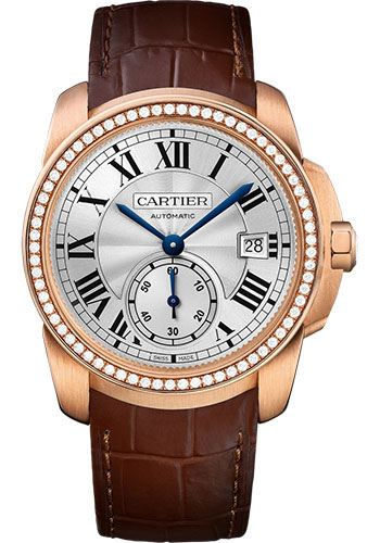 Cartier Calibre de Cartier Watch - 38 mm Pink Gold Case - Diamond Bezel - Silvered Dial - Dark Brown Alligator Strap