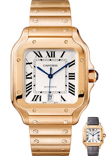 Cartier Santos de Cartier Watch - 39.8 mm Pink Gold Case - Silvered Dial - Allilgator Strap
