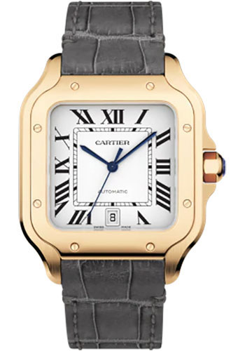 Cartier Santos de Cartier Watch - 39.8 mm Pink Gold Case - Silvered Dial - Alligator And Calfskin Strap
