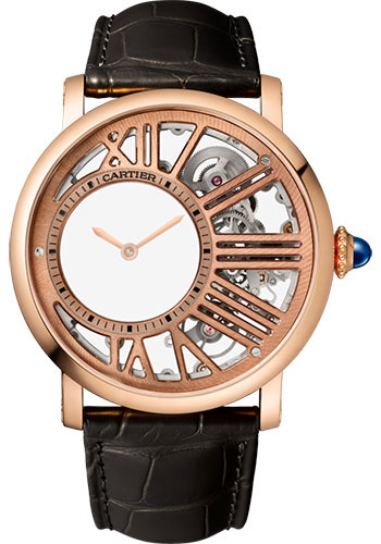 Cartier Rotonde de Cartier Mysterious Hour Skeleton 42 Mm Watch - 42 mm Pink Gold Case - Skeleton Dial - Dark Gray Leather Strap