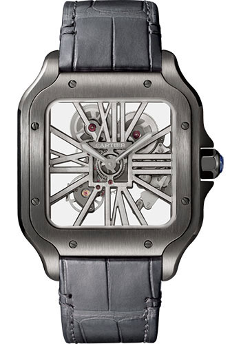 Cartier Santos de Cartier Watch - 39.8 mm Black Steel Case - Skeleton Dial - Black Black Alligator Strap - Both Bracelet