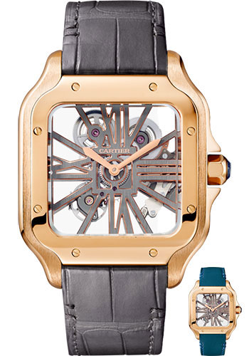 Cartier Santos de Cartier Watch - 39.8 mm Pink Gold Case - Skeleton Dial - Dark Grey Alligator Strap - Quickswitch Bracelet