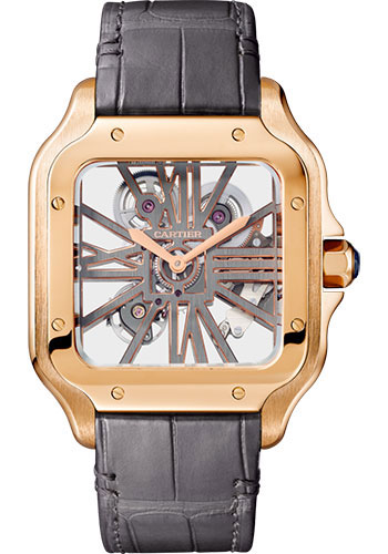 Cartier Santos de Cartier Watch - 39.8 mm Pink Gold Case - Skeleton Dial - Alligator And In Calfskin Strap