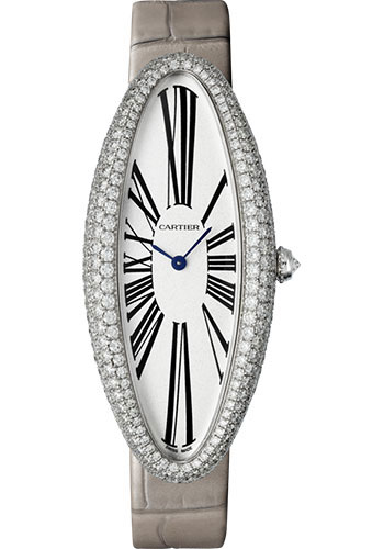 Cartier Baignoire Allongée Watch - 52 mm White Gold Diamond Case - Light Gray Strap