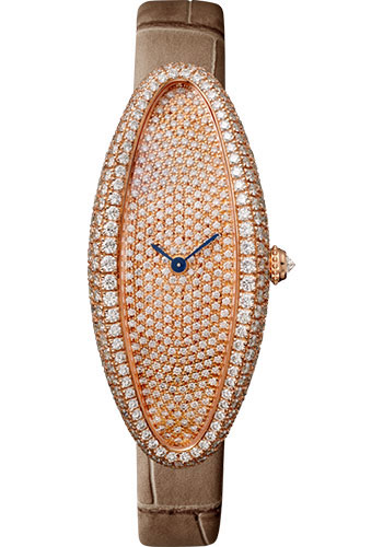 Cartier Baignoire Allongée Watch - 47 mm Pink Gold Diamond Case - Diamond Dial - Taupe Strap