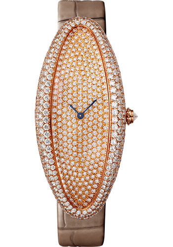 Cartier Baignoire Allongée Watch - 52 mm Pink Gold Diamond Case - Diamond Dial - Taupe Strap