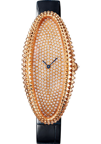Cartier Baignoire Allongée Watch - 52 mm Pink Gold Case - Diamond Dial - Midnight Blue Strap