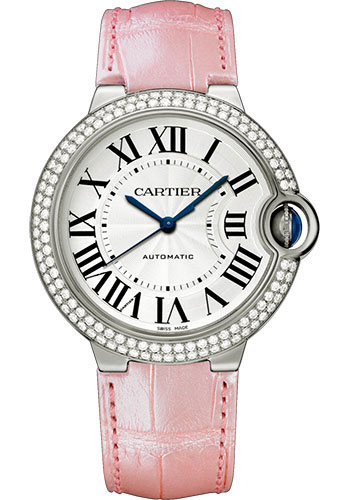Cartier Ballon Bleu de Cartier Watch - 36 mm White Gold Diamond Case - Pearly Pink Alligator Strap