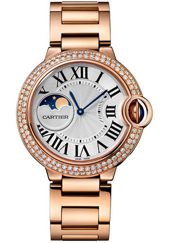 Cartier Ballon Bleu de Cartier Moonphase Watch - 37 mm Pink Gold Case - Diamond Paved Bezel - Silver Dial