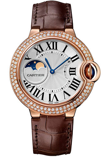 Cartier Ballon Bleu de Cartier Moonphase Watch - 37 mm Pink Gold Case - Diamond Paved Bezel - Silver Dial - Brown Alligatgor Strap