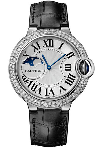 Cartier Ballon Bleu de Cartier Moonphase Watch - 37 mm White Gold Case - Diamond Paved Bezel - Silver Dial - Black Alligatgor Strap