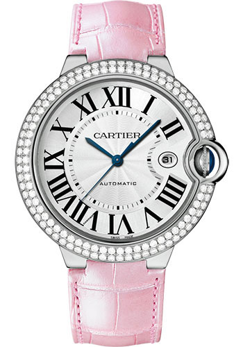 Cartier Ballon Bleu de Cartier Watch - 42 mm White Gold Diamond Case - White Dial - Pink Alligator Strap