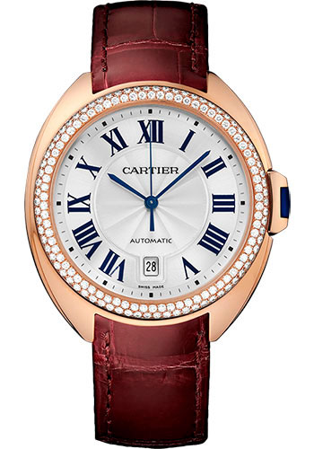 Cartier Clé De Cartier Watch - 40 mm Pink Gold Diamond Case - Diamond Bezel - Silver Dial - Bordeaux Alligator Strap