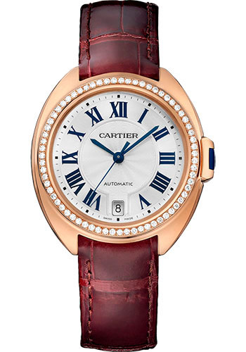 Cartier Clé De Cartier Watch - 35 mm Pink Gold Diamond Case - Diamond Bezel - Silver Dial - Bordeaux Alligator Strap