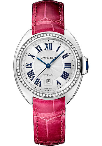 Cartier Clé De Cartier Watch - 31 mm White Gold Diamond Case - Diamond Bezel - Silver Dial - Fuchsia Pink Alligator Strap