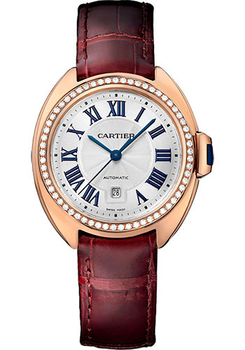 Cartier Clé De Cartier Watch - 31 mm Pink Gold Diamond Case - Diamond Bezel - Silver Dial - Bordeaux Alligator Strap