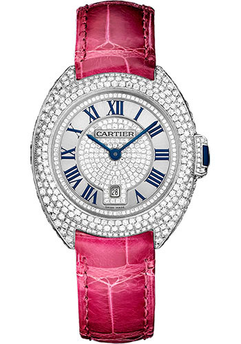 Cartier Clé De Cartier Diamond Paved Watch - 31 mm White Gold Diamond Case - Diamond Bezel - Silver Dial - Fuchsia Pink Alligator Strap