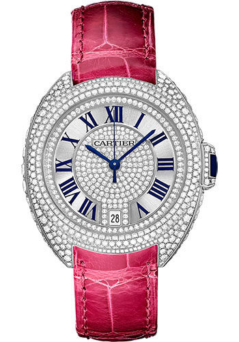 Cartier Clé De Cartier Watch - 35 mm White Gold Diamond Case - Diamond Bezel - Silver Diamond Dial - Fuchsia Pink Alligator Strap