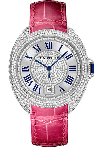 Cartier Clé De Diamond Paved Cartier Watch - 40 mm White Gold Diamond Case - Diamond Bezel - Silver Dial - Fuchsia Pink Alligator Strap