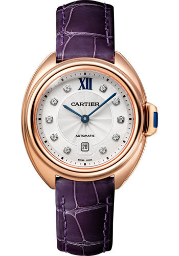 Cartier Cle de Cartier Watch - 31 mm Pink Gold Case - Silvered Diamond Dial - Aubergine Alligator Strap