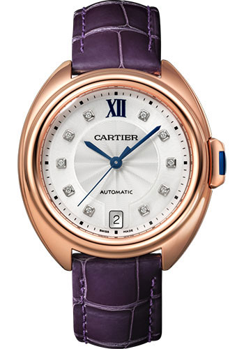 Cartier Cle de Cartier Watch - 35 mm Pink Gold Case - Silvered Flinque Diamond Dial - Aubergine Alligator Strap