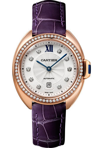 Cartier Cle de Cartier Watch - 31 mm Pink Gold Diamond Case - Diamond Bezel - Silvered Flinque Dial - Aubergine Alligator Strap